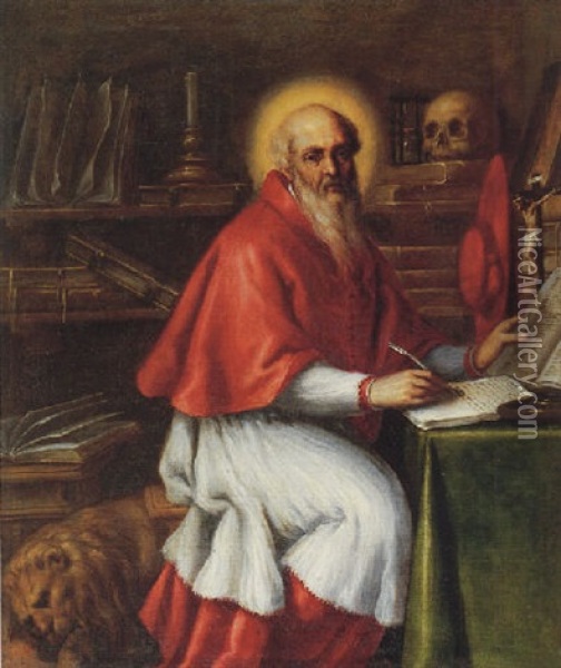 Saint Jerome In His Study Oil Painting - Santo Peranda