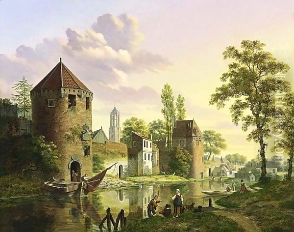 A View Of The Walled City Of Utrecht With The Dom-Tower In The Background Oil Painting - Jan Hendrik Verheijen