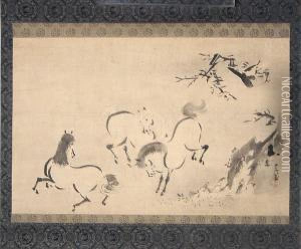 Horses Oil Painting - Kano Tsunenobu