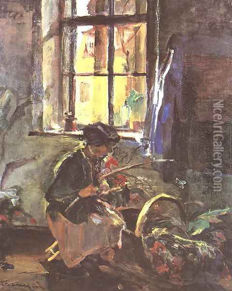 Making a Bunch of Flowers 1933 Oil Painting - Janos Tornyai