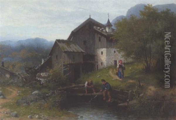 Zwei Kleine Angler Am Dorfbach Oil Painting - Karl Breitbach