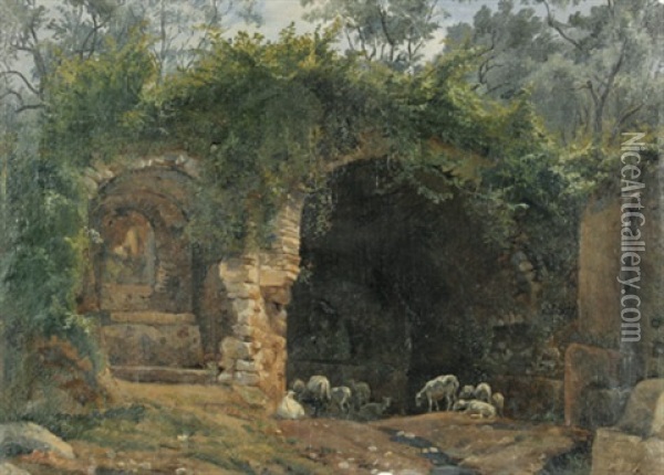 Bewachsene Ruine Mit Schafen Bei Tivoli Oil Painting - Theobald Freiherr von Oer