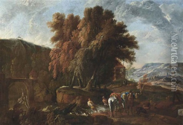 A Rocky River Landscape With Travellers And Their Horses In The Foreground Oil Painting - Pieter van Bloemen