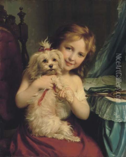 A Young Girl With A Bichon Frise Oil Painting - Fritz Zuber-Buhler