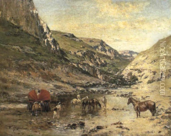 Arab Caravan In A River Valley Oil Painting - Victor Pierre Huguet