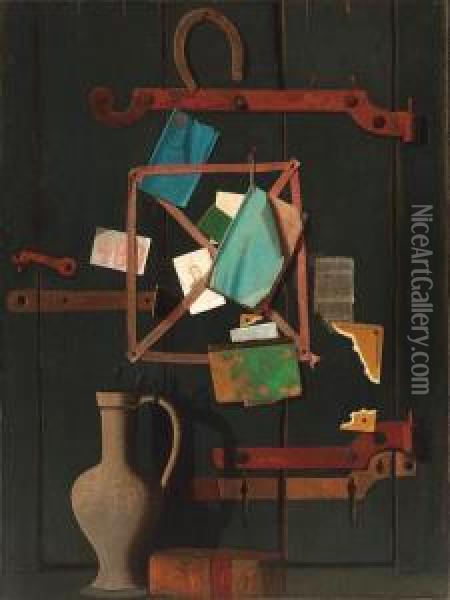 The Old Closet Door--rack And Horseshoe With Dutch Jar Oil Painting - John Frederick Peto