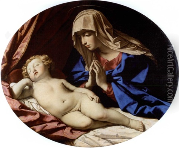 La Vierge Priant Pres De L'enfant Jesus Endormi Oil Painting - Giovanni Battista Salvi (Il Sassoferrato)