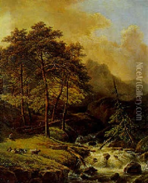 Paturage Au Bord De La Cascade Oil Painting - Hendrick Van Assche