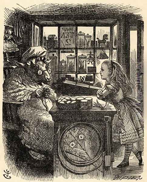 Alice and the Knitting Sheep, illustration from Through the Looking Glass by Lewis Carroll 1832-98 first published 1871 Oil Painting - John Tenniel