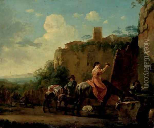 Travellers on horseback at rest by a well, a hilltop town beyond Oil Painting - Jan Asselyn