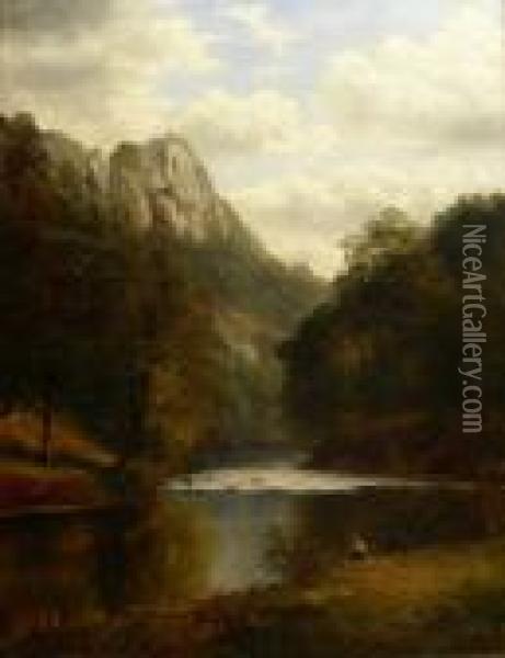 'high Tor Matlock' - River Scene With Fisherman Oil Painting - William Mellor