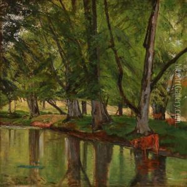 Forest Scene With Cows At A Stream Oil Painting - Frederik Winther