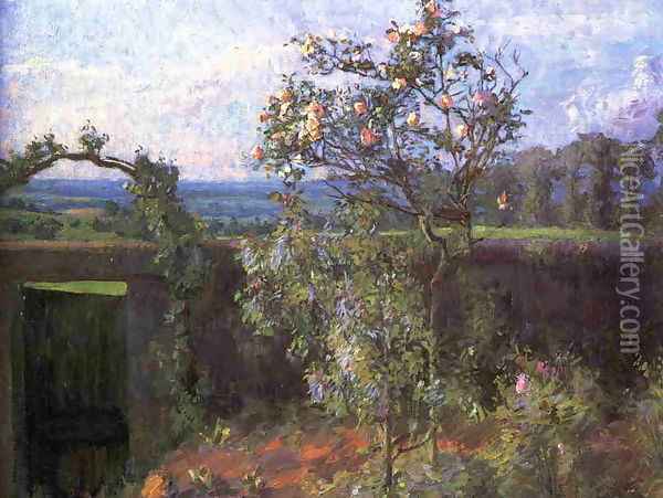 Landscape Near Yerres Aka View Of The Yerres Valley And The Garden Of The Artists Family Property Oil Painting - Gustave Caillebotte