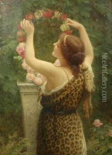 Woman With A Floral Wreath In A Leopard Dress Oil Painting - Charles E. Perugini
