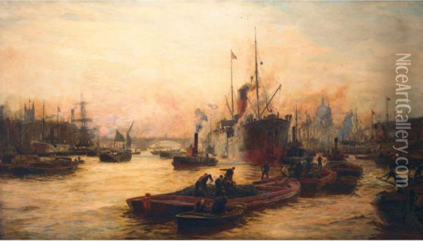 Pushing Down Against The Flood Oil Painting - William Lionel Wyllie