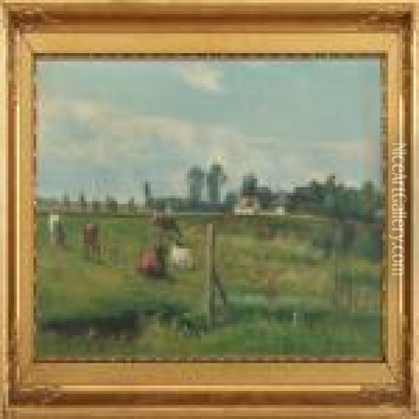 Summerlandscapewith Cows In The Field Oil Painting - Nils Hans Christiansen