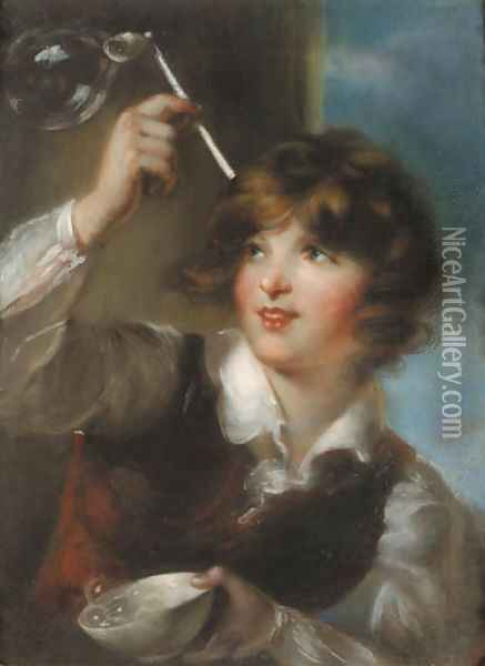 A boy blowing bubbles, traditionally identified as the artist's son William at the age of ten Oil Painting - John Russell