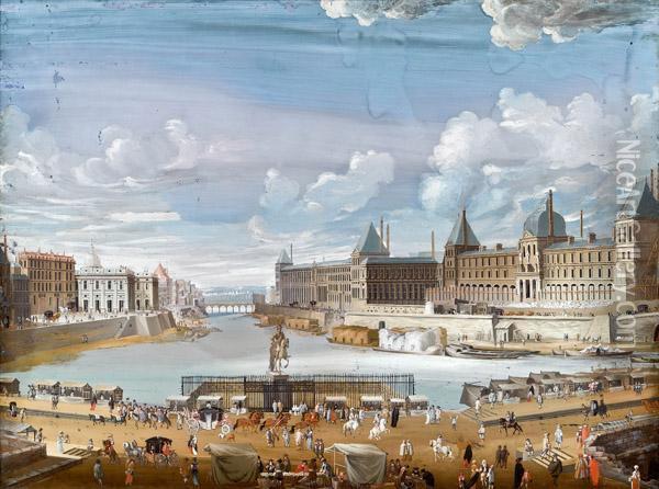 Paris Mit Der Seine - Vedute Mit Hafenbecken Und Reicher Figurenstaffage Oil Painting - Johann Wolfgang Baumgartner