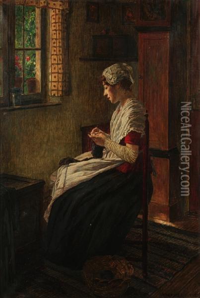 An Interior Scene With A Woman Seated By A Window Knitting Oil Painting - Walther Firle
