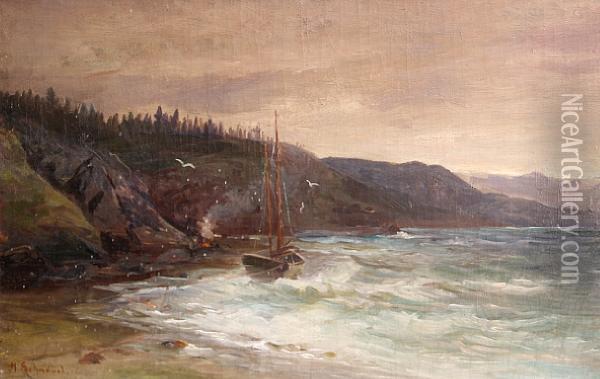 Sailboat Anchored Off The Shore Oil Painting - Ernest Herman Ehlers