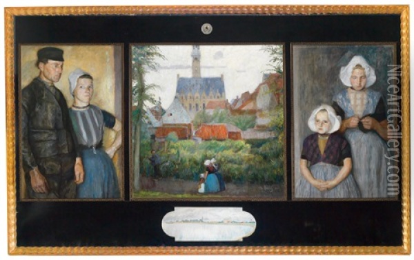 Father And Mother To The Left, Veere City Hall In The Centre, Two Daughters To The Right (triptych) Oil Painting - Otto Herschel