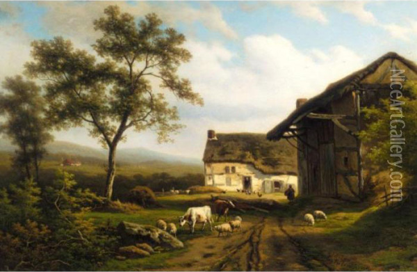 Animals In A Farmyard Oil Painting - Eugene Joseph Verboeckhoven