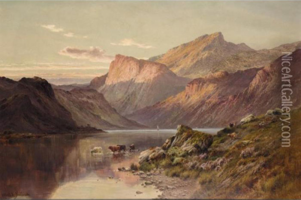 Loch Awe, The Sun Descends Oil Painting - Alfred de Breanski
