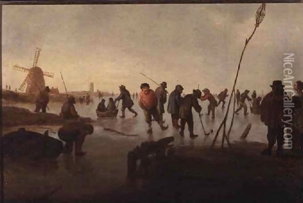 Figures skating on Frozen Waterway Oil Painting - Barent Avercamp