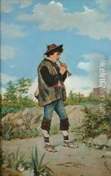 An Italian Peasant Playing An Oboe Oil Painting - Adriano Cecchi