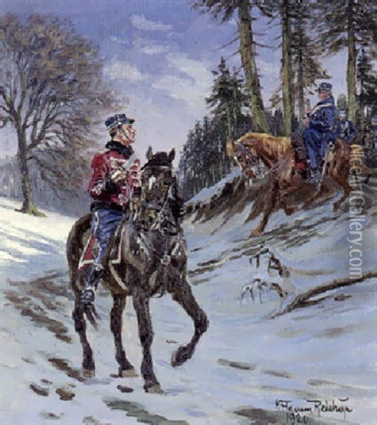 Vinterdag Med Ridende Gardehusarer I Skoven Oil Painting - Karl Frederik Christian Hansen-Reistrup