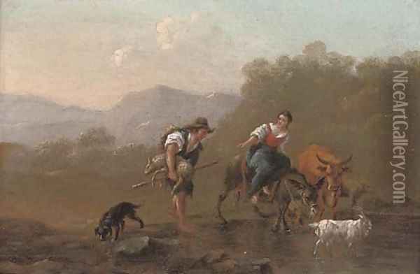 A drover and a shepherdess fording a river Oil Painting - Nicolaes Berchem