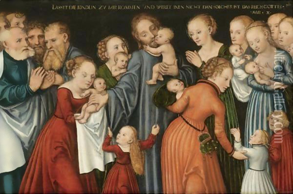 Christ Blessing The Children Oil Painting - Lucas The Younger Cranach