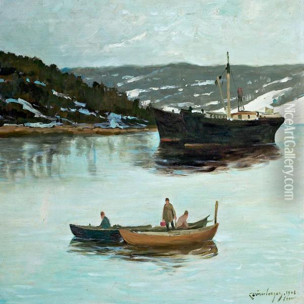 Ship And People In Prams On The Bay Off Soon, Norway Oil Painting - Karl Johannes Dornberger