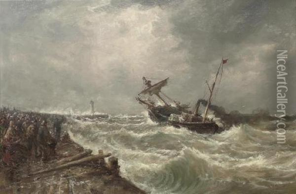 A Paddle Tug Towing A Derelict Into Harbour, With The Quay Crowded With Onlookers Oil Painting - William Edward Webb