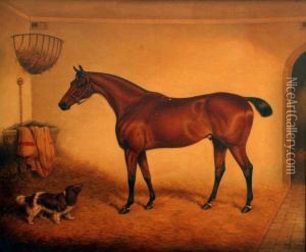 Horse And Spaniel In A Stable Interior Oil Painting - William Eddowes Turner