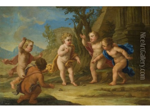Mit Einem Kreisel Spielende Kinder In Antiker Landschaft Oil Painting - Pietro Bardellino