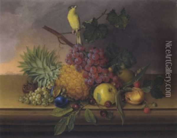 Fruchtesstilleben Mit Einem Kleinen Vogel Oil Painting - Anton Fidler