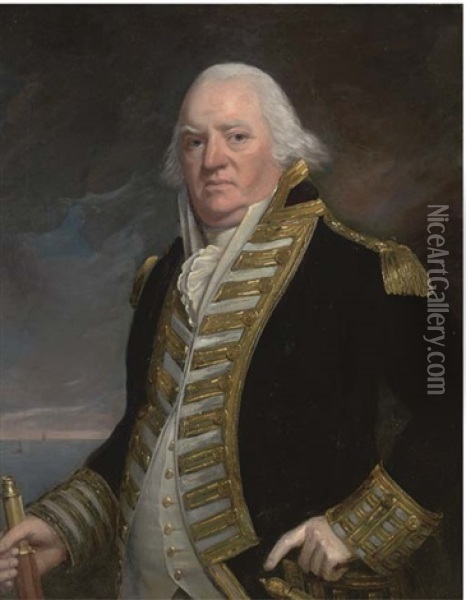 Portrait Of Admiral John Schank In Naval Dress, A Telescope In His Right Hand Oil Painting - Sir William Beechey