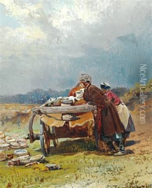 Landscape With Two Peasants Selling Plates And Dishes From A Cart Oil Painting - Nikolai Egorovich Makovsky