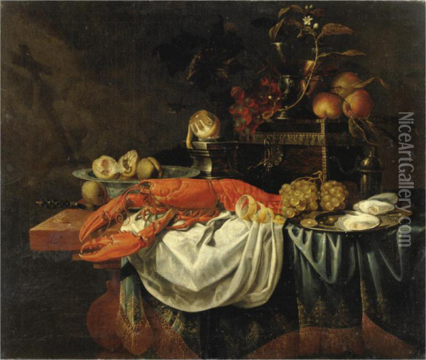 Natura Morta Con Frutta, Aragosta, Ostriche Ed Altri Oggetti Su Un Tavolo Oil Painting - Carstiaen Luyckx