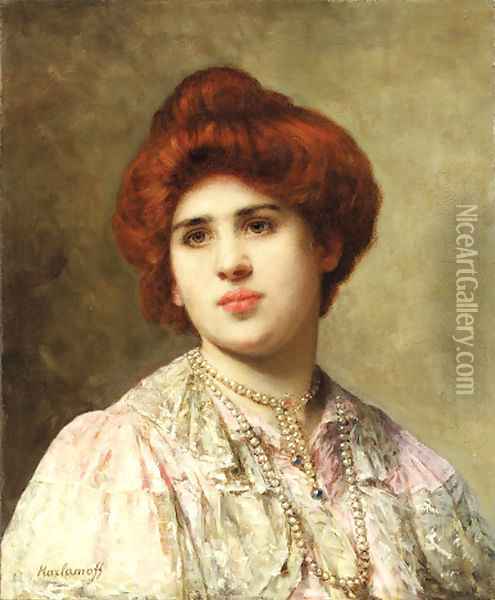 A auburn haired beauty in pearls Oil Painting - Alexei Alexeivich Harlamoff