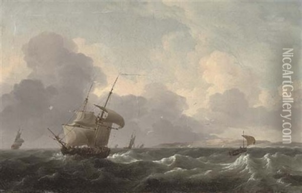 A Dutch Merchant Brig Shortening Sail Off The Coast Ahead Of The Approaching Squall Oil Painting - Ludolf Backhuysen the Elder