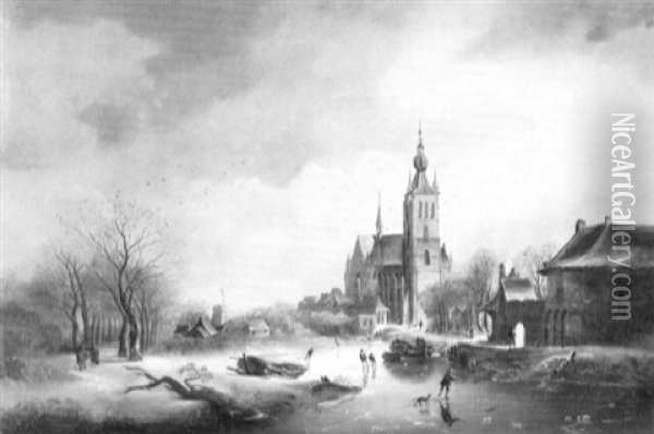 Winterlandschaft Mit Eislaufern Und Gotischer Kirche Oil Painting - Cornelis Petrus T' Hoen