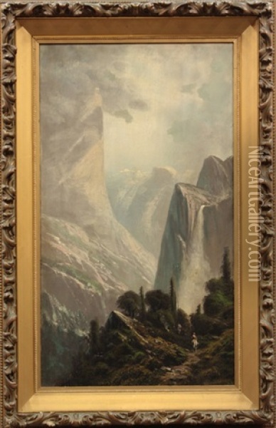 Riding The Trail, Bridalveil Falls, Yosemite Oil Painting - Ransom Gillet Holdredge