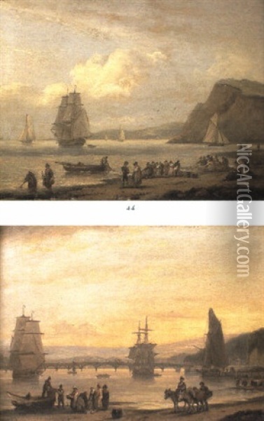 Fisherfolk Hauling In Nets, Ships Off Coast Oil Painting - Thomas Luny