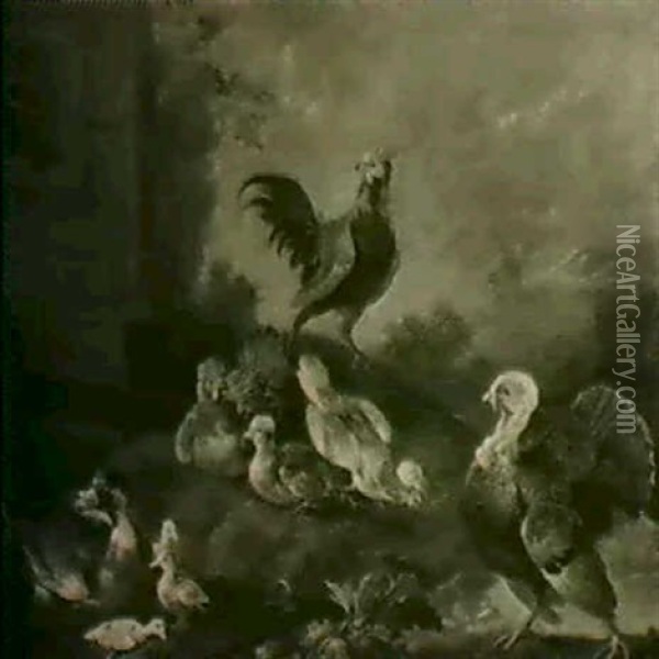 Ein Geflugelhof Mit Huhnern, Einem Truthahn Und Enten Oil Painting - Philipp Ferdinand de Hamilton