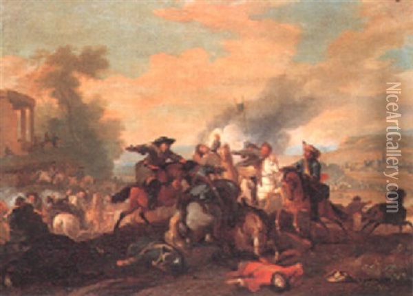 Cavalry Skirmish With A Fortified Town On A Plain Oil Painting - Jan van Huchtenburg
