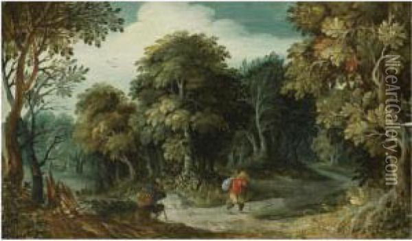 Peasants On A Path In A Forest Oil Painting - Jasper van der Lamen