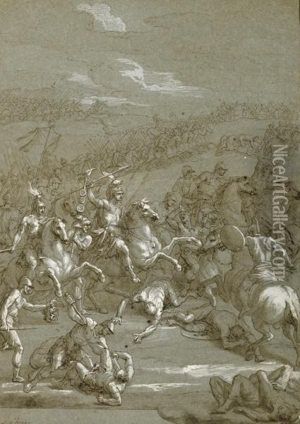A Battle Scene: Roman Cavalry Attacking In An Open Landscape Oil Painting - Louis Cheron