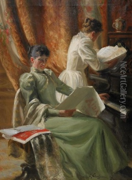 Interior Med Musicerande Kvinnor Vid Pianot Oil Painting - Emil (Harald Emanuel) Lindgren